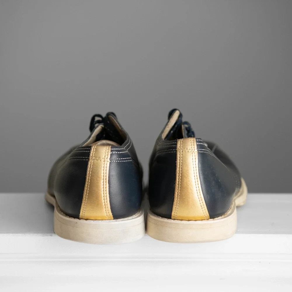 Linds Vintage Bowling Shoes Mens 10.5 Navy Blue Gold Metallic Leather Retro 50s